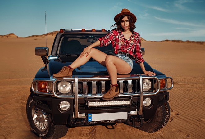 women, hat, women outdoors, sky, clouds, car, desert, plaid shirt, jean shorts, women with cars, shoes, red nails, socks, belt, sitting