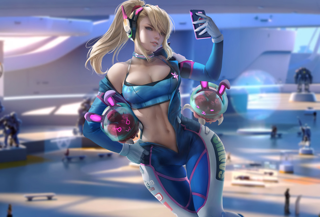 samus, overwatch, girl, anime, game, blonde, sexy, Photo, selfie, posing, headphones