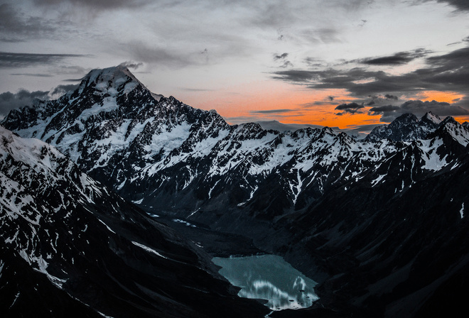 mountains, snowfall, lake, nature, sunset, dawn, beautiful, wallpaper, snowy