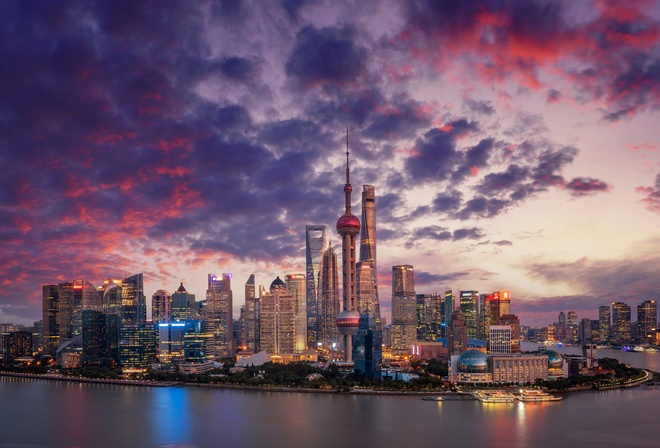 Shanghai, panorama, metropolis, modern buildings, sunset, skyscrapers, China, Asia