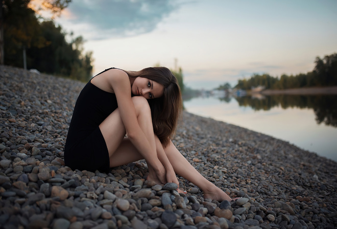 Girl, Sitting, Rocks, Looking, At, Viewer