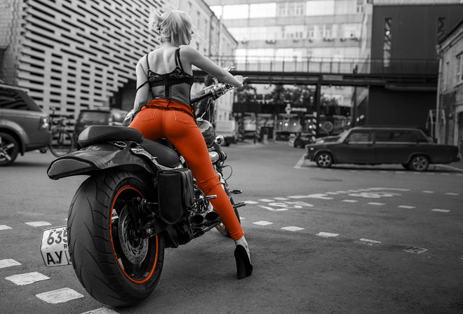 motorcycle, girl, model, blonde, city, road, ass, jeans, high heels, legs, women, cars, sexy, hot, cute