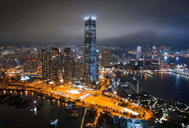 night city, architecture, lights, fog