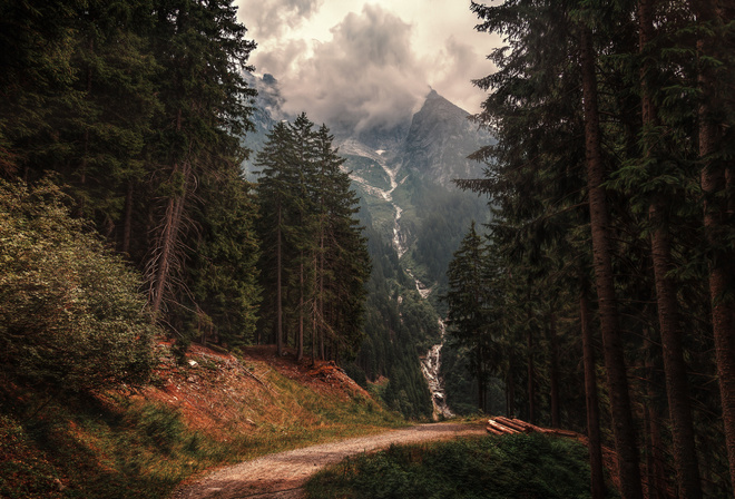 Alps, evening, sunset, waterfall, forest, mountain landscape, green trees