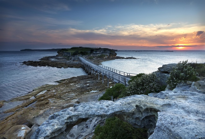 island, bridge, sea, stones