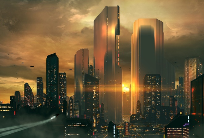 Futuristic Cityscape, Skyscrapers, Sunset