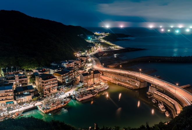 Port of Keelung, nightscapes, Keelung Harbor, ocean, asian cities, Keelung, Taiwan, Asia