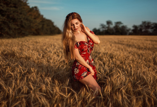 women, blonde, red dress, women outdoors, smiling, long hair, hairband, bare shoulders