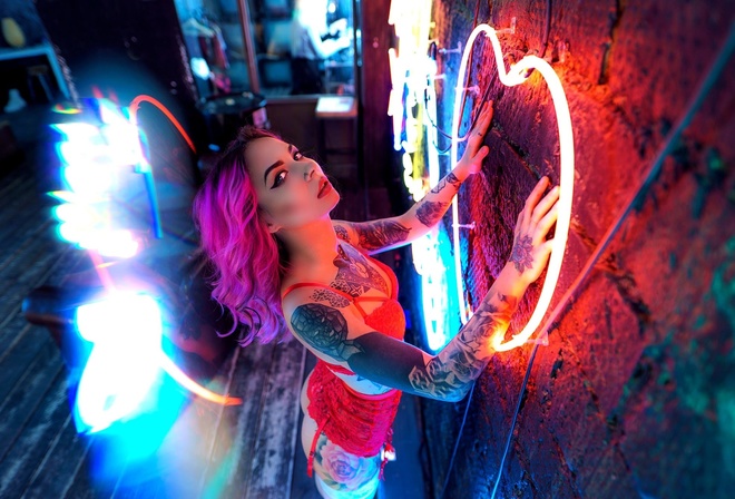 women, dyed hair, red lingerie, neon, women indoors, garter belt, tattoo, nose ring, wall, pink hair, kneeling, eyeliner, ass, wooden floor