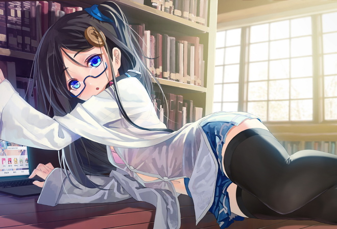 library, anime, girl, glasses, laptop, miniskirt, blue eyes, window, trees, stockings, beautiful, transparent, cute, black hair