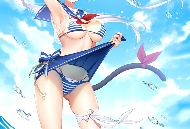 bikini, anime, girl, beach, sexy, cat, clouds, sky, beautiful, cute, pretty, water, wet