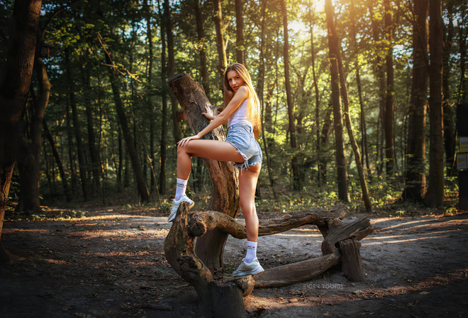 women, ass, blonde, smiling, jean shorts, trees, white socks, brunette, sneakers, women outdoors, long hair