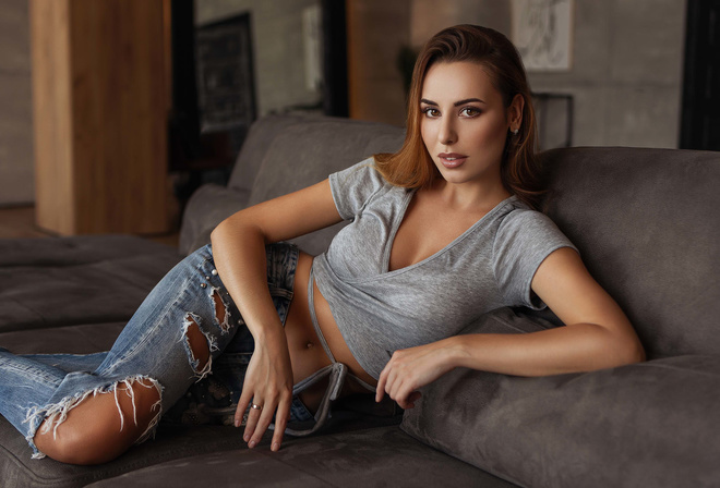 women, jeans, belly, couch, cleavage, torn jeans, women indoors