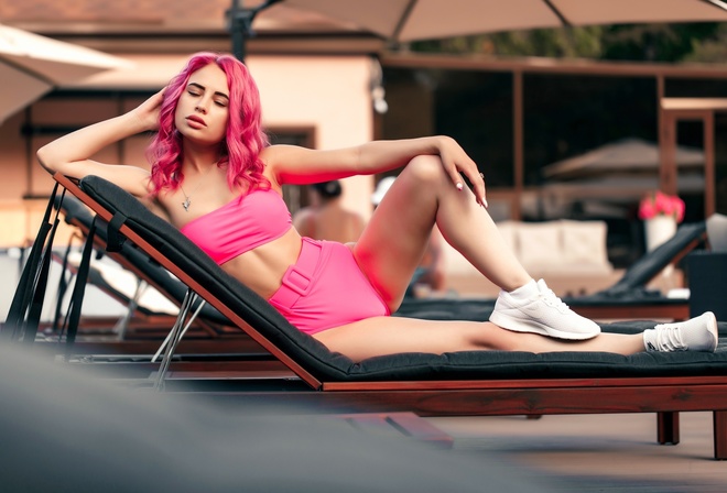 women, dyed hair, pink hair, swimwear, women outdoors, closed eyes, necklace, sneakers, Nike, white nails, armpits