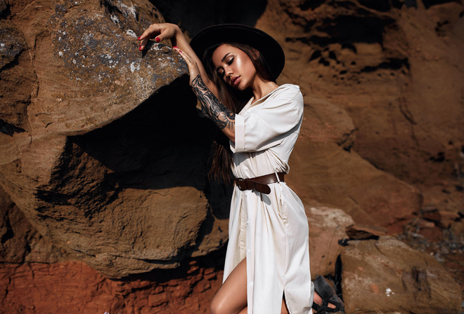 women, brunette, tattoo, women outdoors, hat, belt, white dress, red nails, long hair, rocks