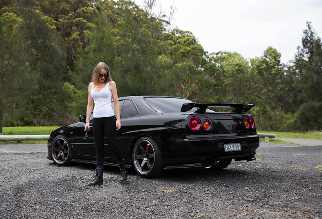 nissan skyline, r34, road, car, black car, nature, girl, blonde, glasses