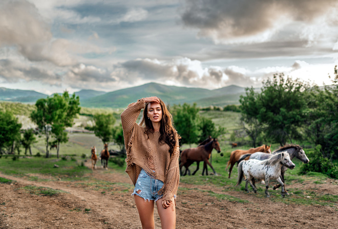 women, jean shorts, brunette, horse, sky, clouds, women outdoors, animals, mountains, trees, nature