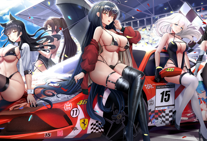 Azur Lane, anime, car, bikini, animal, leotard, heels, pantyhose, panties, thong, beautiful