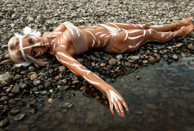women, blonde, water, stones, women outdoors, belly, body paint, swimwear, painted nails, looking at viewer, feathers