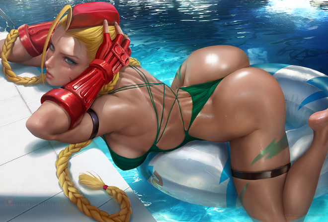 cammy, street fighter, cammy green, illustration, girl, blonde, ass, swimming pool, game, anime girl, green bikini, green swimwear