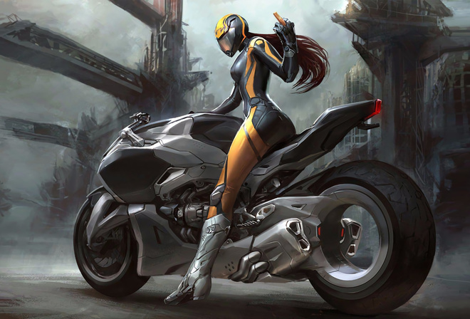 tracer, overwatch, game, girl, anime, brunette, motorcycle, road