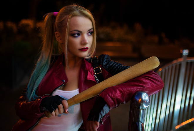 harley quinn, joker, batman, blonde, jeans shorts, model, girl, bate, cosplay