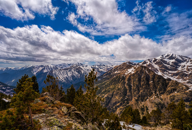 Горы, Камни, Небо, Ordino, Andorra, Облака, Деревья, Природа