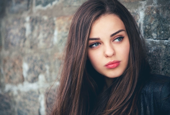 girl, lips, eyes, brown hair, woman