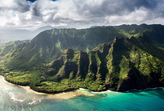 Green, Mountain, Ocean, Clouds, Island