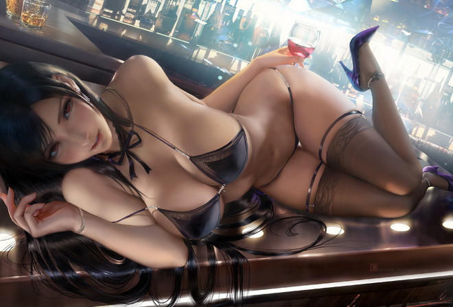 tifa, final fantasy, game girl, brunette, bikini, bra, panties, bar, anime, boobs, high heels