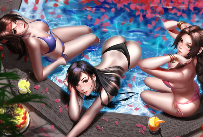 tifa, aerith, jessie, Final Fantasy, boobs, game, game girls, swimming pool, jacuzzi, bikini, ass, boobs