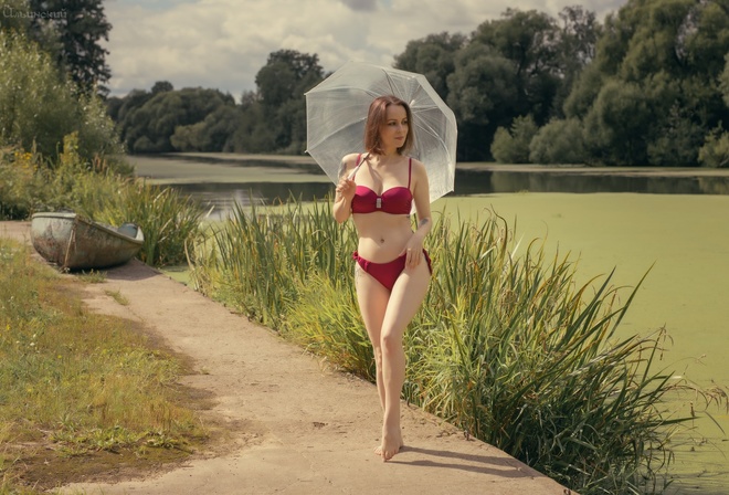 women, umbrella, red bikini, tattoo, belly, women outdoors, lake, boat