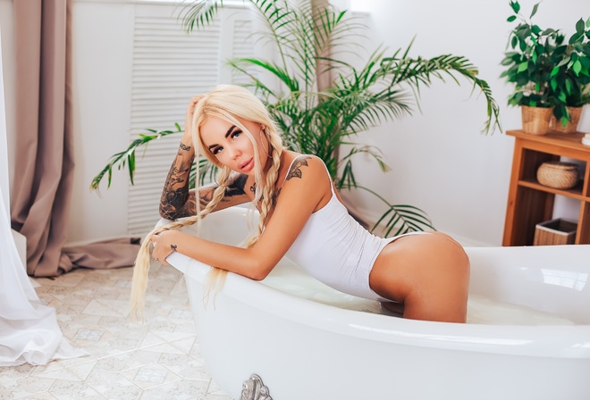 women, blonde, bathtub, kneeling, brunette, plants, tattoo, women indoors, ass, pigtails, hoop earrings, blue eyes, bodysuit, wet body, long hair