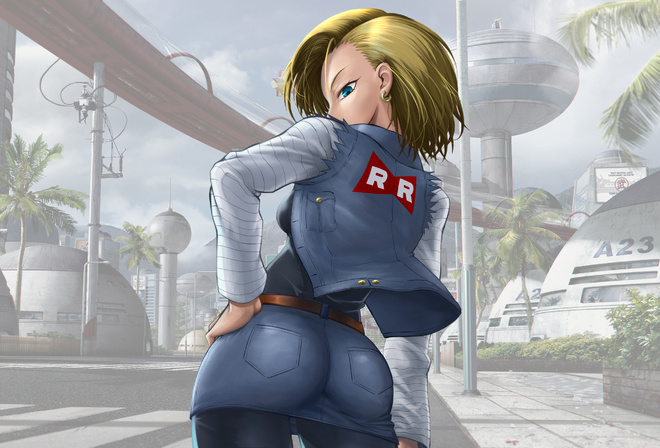 android number 18, Red patrol, dragon ball z, blonde, ass, denim skirt, city, anime girl, blue eyes, jacket, denim jacket