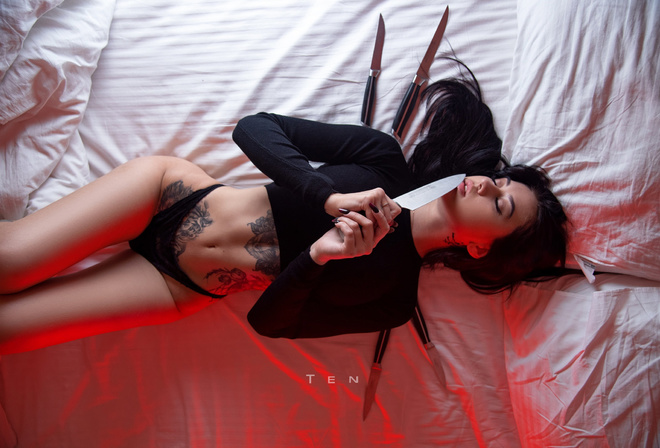 women, alexander ten, top view, knife, tattoo, belly, black panties, closed eyes, hips, the gap