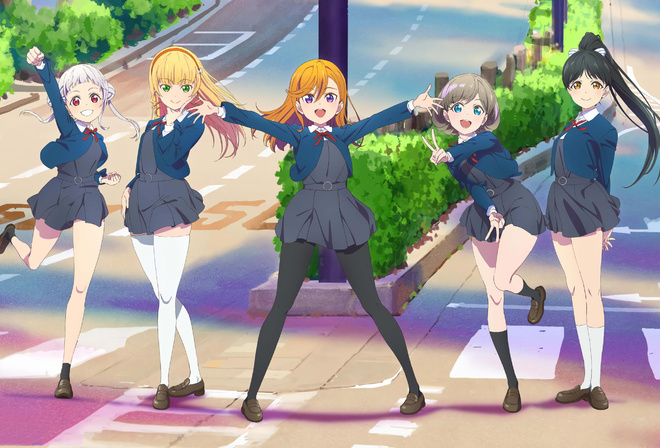 school girls, Love Live, school girl, anime girl, school skirt, jacket, stockings, school uniform, blonde, brunette, city
