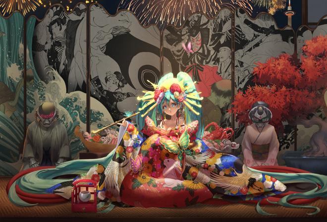 Hatsune Miku, vocaloid, games, games girl, kimono, butterfly