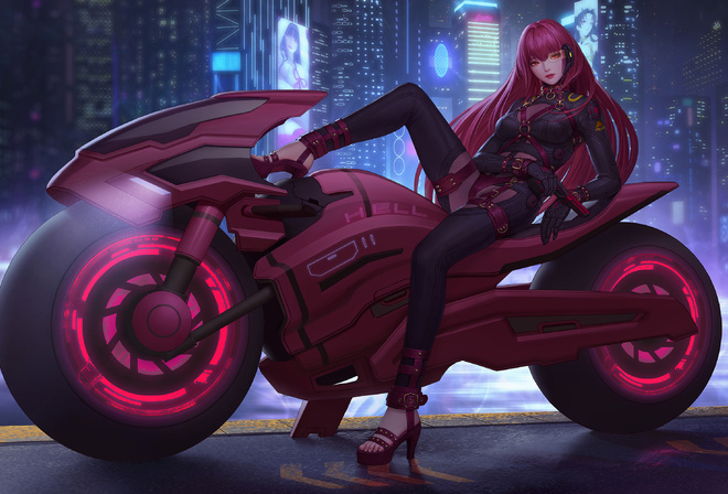 city cyberpunk 2077, fate grand order, gun, motorcycle night, fate grand order, techgirl weapon, anime girl