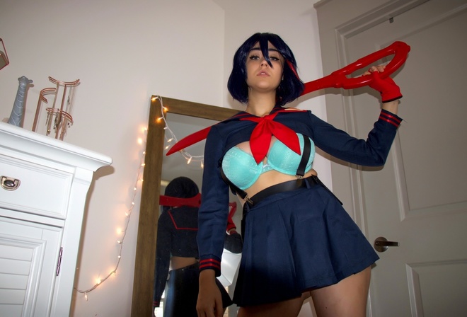 Sabrina Nichole, Ryuko Matoi, cosplay, model, brunette, sword, room, door, mirror, boobs, ass, skirt