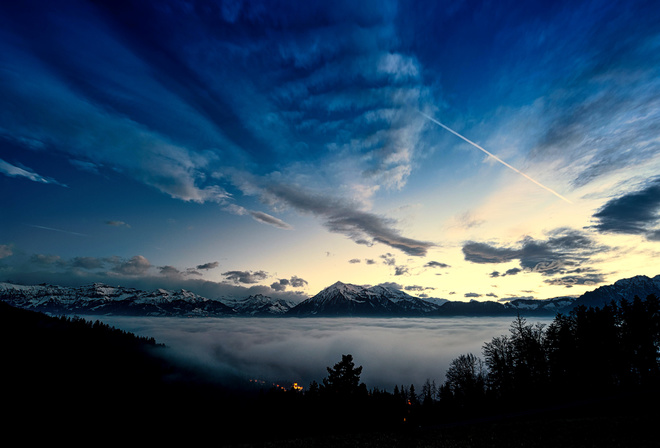 Швейцария, горы, сумерки, силуэты, закат, небо, облака, пейзаж