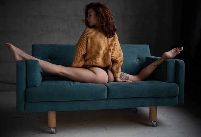 women, black panties, couch, women indoors, tattoo, ass, sweater, flexible, closed eyes, back, wall, redhead