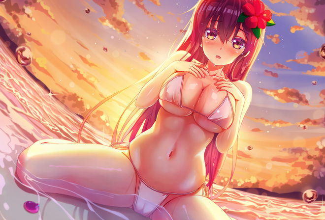 zongmao, anime girl, bikini, pink bikini, white bikini, beach, orange eyes, boobs, big boobs, fan art, digital art, redhead, thighs, belly, hips, belly button, long hair, sea, sky