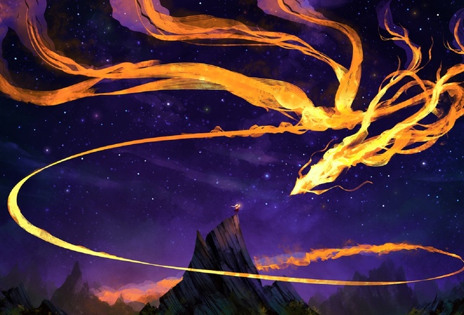 автор cubehero, рисунок, горы, девочка, огненный дракон, небо