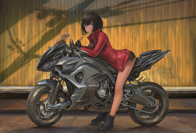 black hair, blue eyes, boots, dark skin gloves, motorcycle, short hair, shorts, leather jacket, black boots, road, Street, shadow, anime girl, fan art, digital art, illustration