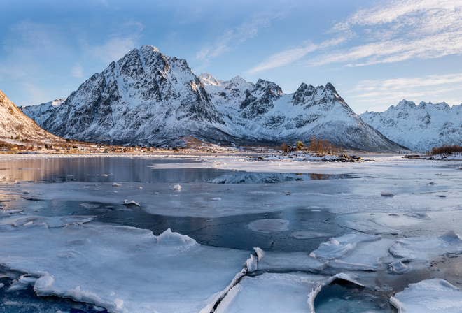 широкоформатные, Норвегия, Горы, Зима, Laupstad, fjord, Лед, Снег, Природа