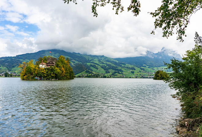, , , Schwanau, island in the Swiss, lake, 