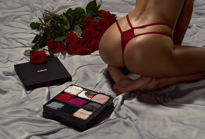 women, kneeling, ass, red panties, brunette, roses, back
