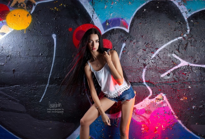 Sergey Pak, brunette, jean shorts, graffiti, model, women, women outdoors, blouse, black hair, long hair