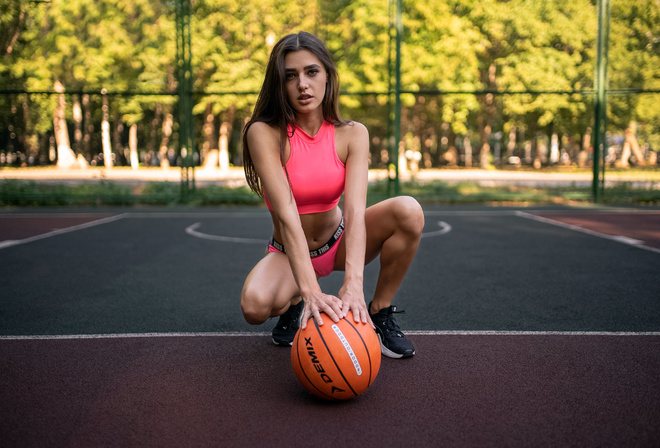 women, basketball court, sportswear, ball, women outdoors, sneakers, trees, squatting, belly, brunette