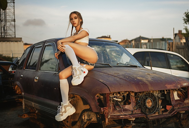 women, pigtails, jean shorts, car, crop top, women outdoors, ass, sitting, underboob, boobs, white stockings, sneakers